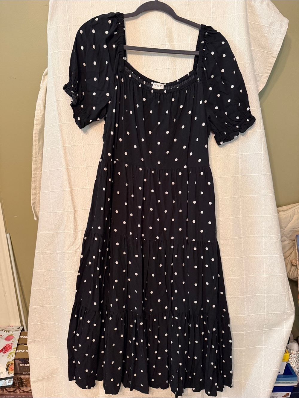 Black Polka Dot Puff-Sleeve Midi Dress